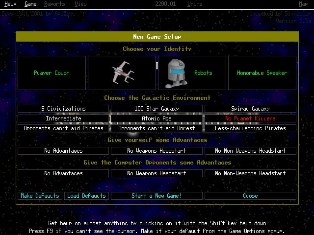 Starships Unlimited (Windows) screenshot: Starting a new game