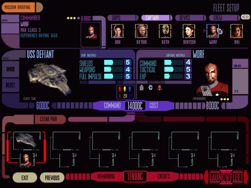 Star Trek: Deep Space Nine - Dominion Wars (Windows) screenshot: There are well known characters from the next-gen Star Trek to pick as captains, such as Worf and Dax.