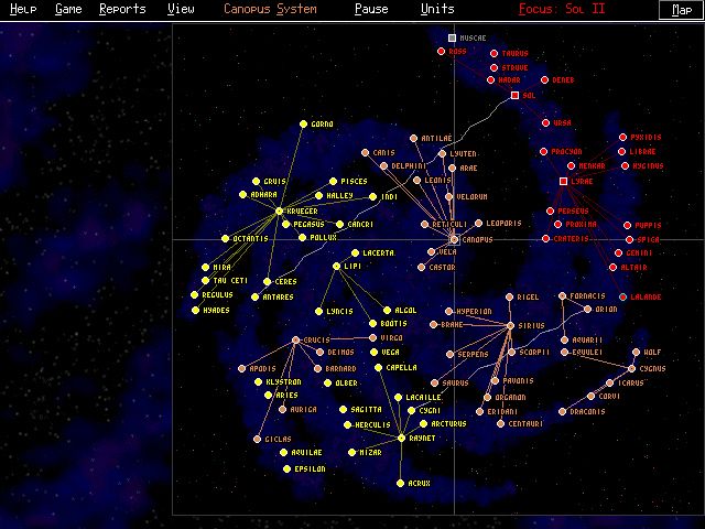 Starships Unlimited (Windows) screenshot: A fully explored spiral galaxy showing freighter routes and wormholes
