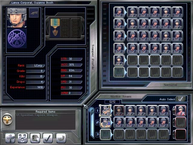 Starship Troopers (Windows) screenshot: Choose your Mobile Infantrymen carefully. Each has different stats that improve with experience.