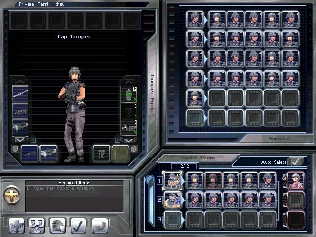 Starship Troopers (Windows) screenshot: Outfitting your troops is more than giving them the biggest guns. A wide array of firepower is often best.