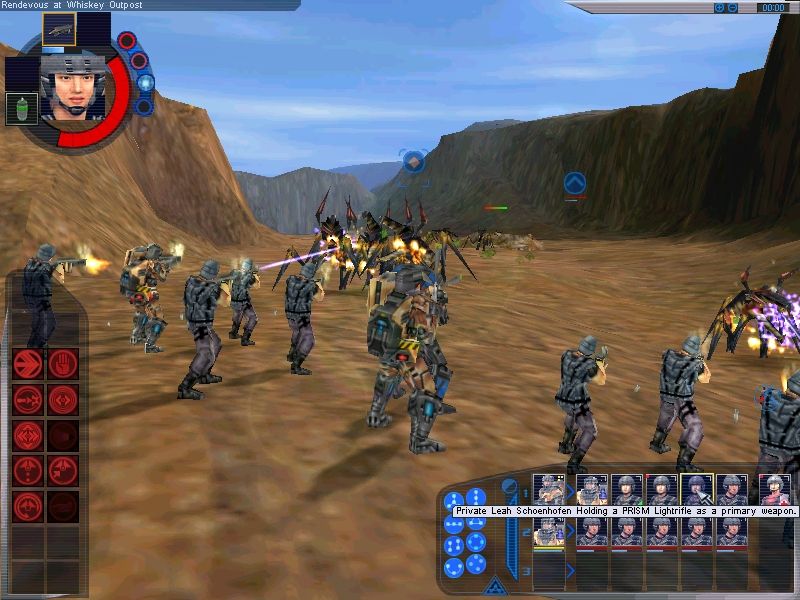 Starship Troopers (Windows) screenshot: Rotate your view from eye-level to bird's eye at your whim to get a better idea of the strategic situation.