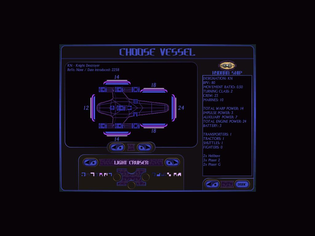 Star Trek: Starfleet Command Volume II - Empires at War (Windows) screenshot: And, finally, the Hydrans. Not the easiest species to play, but their penchant for fighter fighters (almost every ship is a carrier) makes them formidable.
