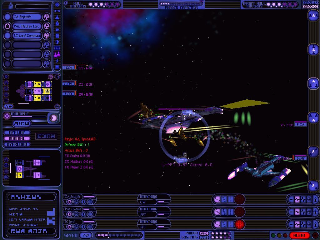 Star Trek: Starfleet Command Volume II - Empires at War (Windows) screenshot: A Hydran battlecruiser and dreadnought (unfairly) facing a pair of Lyran cruisers; the battlecruiser is beaming marines over to one of the Lyran ships.