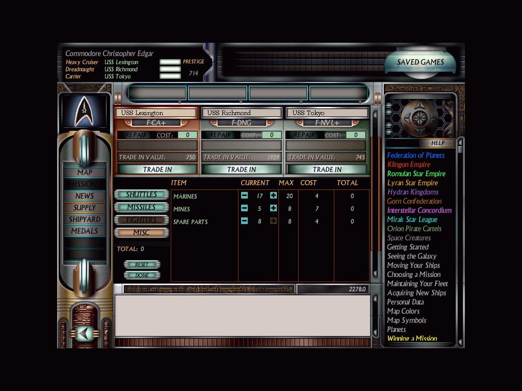 Star Trek: Starfleet Command Volume II - Empires at War (Windows) screenshot: Repair and resupply; each cost you prestige points, which you earn after successful missions.