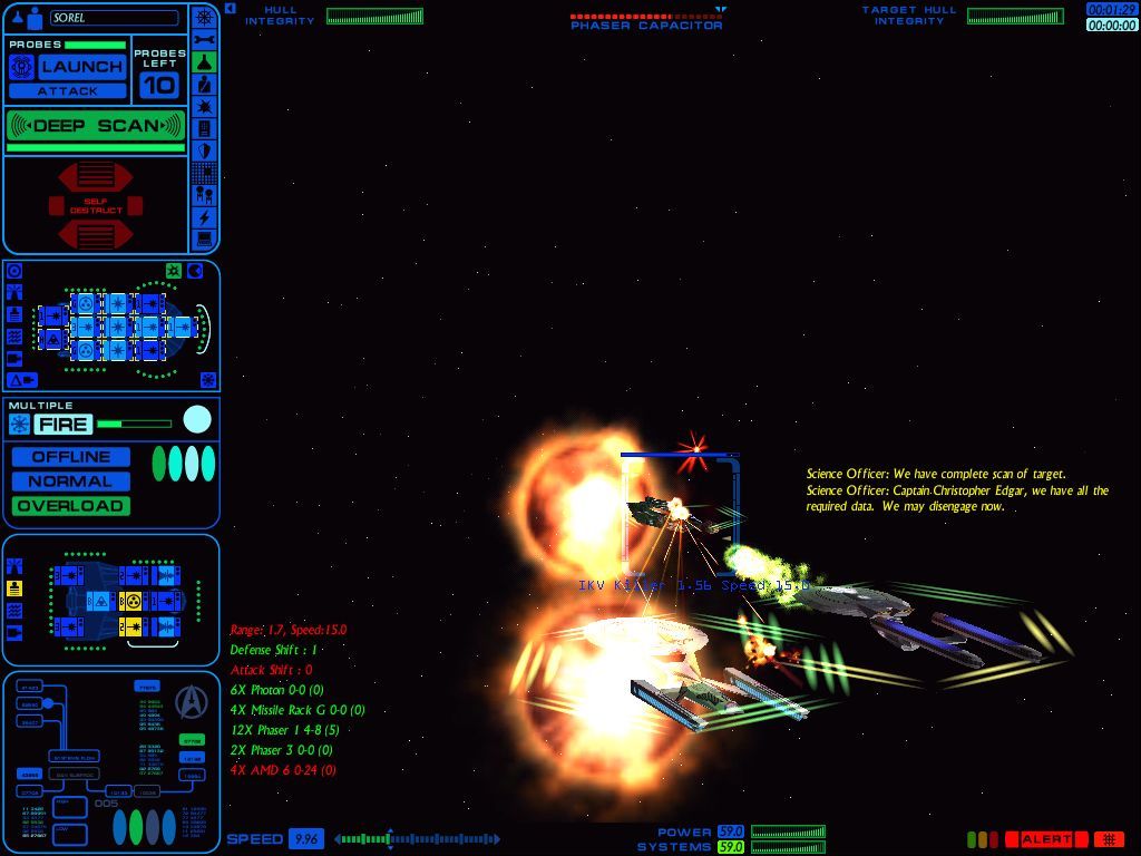 Star Trek: Starfleet Command Volume II - Empires at War (Windows) screenshot: A Federation dreadnought and battlecruiser finish off a poor Klingon cruiser.