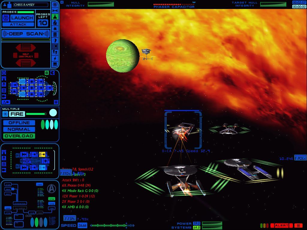 Star Trek: Starfleet Command Volume II - Empires at War (Windows) screenshot: The same Federation dreadnought and battlecruiser now facing two Orion Pirate vessels; notice the space station in the background.