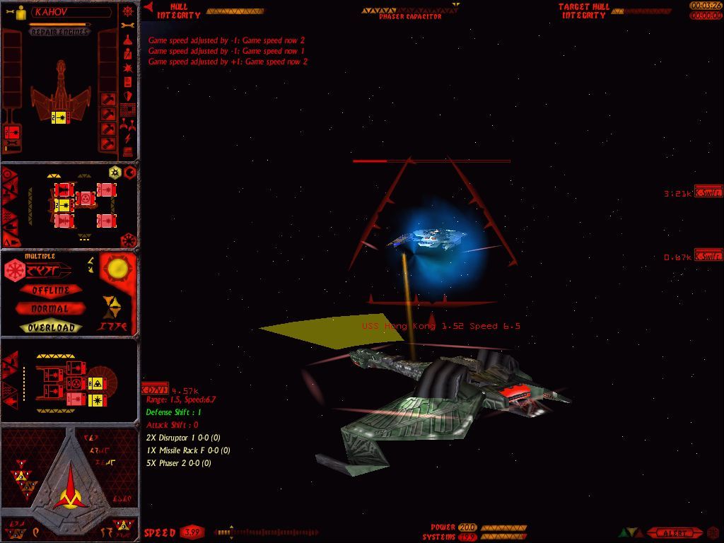 Star Trek: Starfleet Command Volume II - Empires at War (Windows) screenshot: A Klingon destroyer poking at the shields of a Federation police escort.