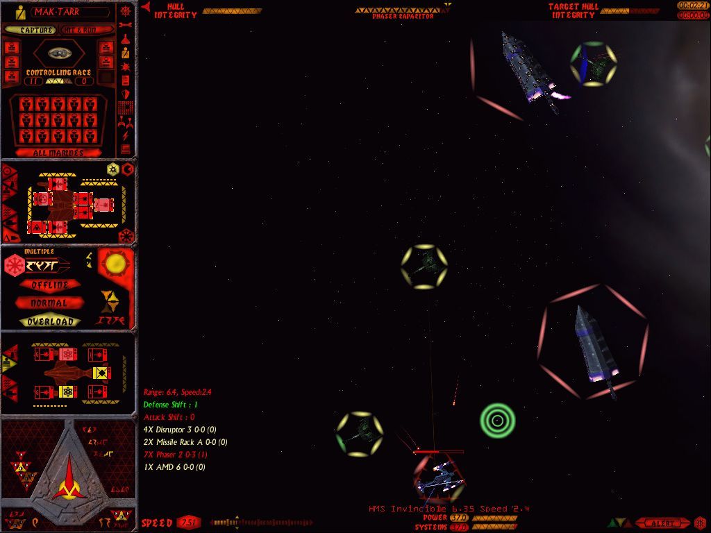 Star Trek: Starfleet Command Volume II - Empires at War (Windows) screenshot: An overhead view of a melee between three Klingon cruisers and a Hydran convoy; the Hydran cruiser at bottom is about to be destroyed.