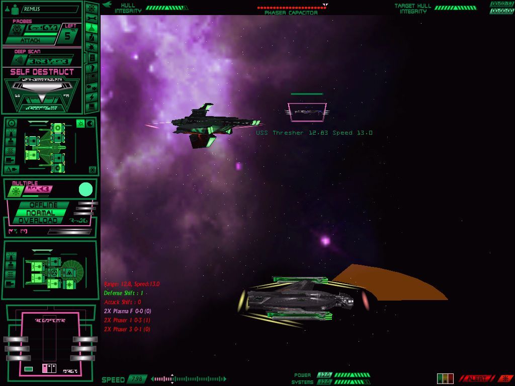 Star Trek: Starfleet Command Volume II - Empires at War (Windows) screenshot: A Romulan destroyer defends a freighter against an approaching Federation vessel.