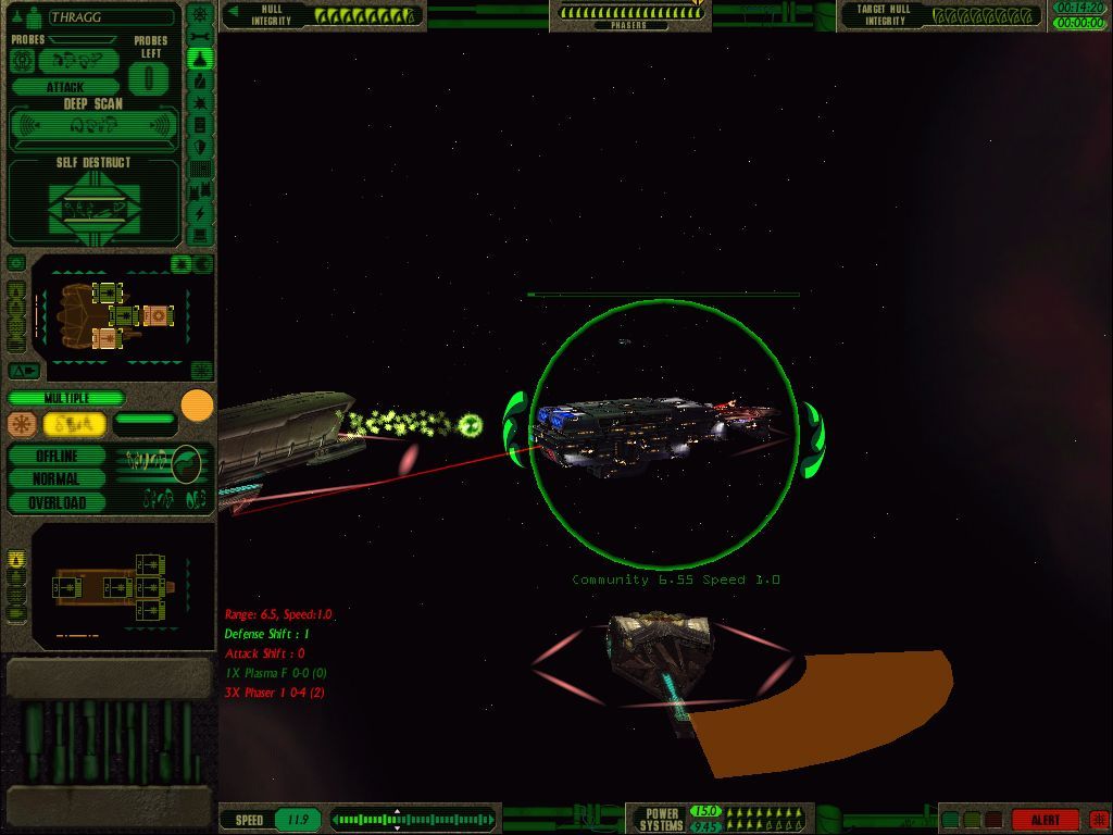 Star Trek: Starfleet Command Volume II - Empires at War (Windows) screenshot: A Gorn assault freighter (!) and a light cruiser firing upon an ISC freighter.