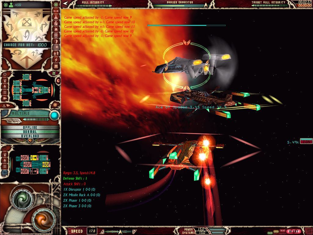 Star Trek: Starfleet Command Volume II - Empires at War (Windows) screenshot: A Mirak cruiser fires a spread of missiles at an Orion pirate heavy cruiser.