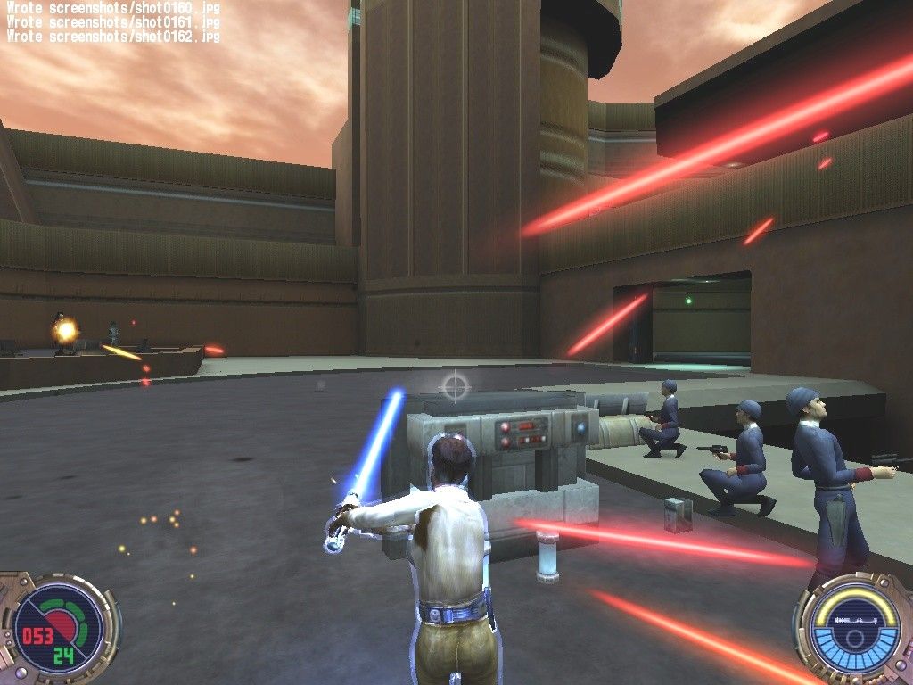 Star Wars: Jedi Knight II - Jedi Outcast (Collector's Edition) (Windows) screenshot: The streets of Bespin's Cloud City are a war zone, as Bespin Cops help you battle against an army of Reelo's thugs