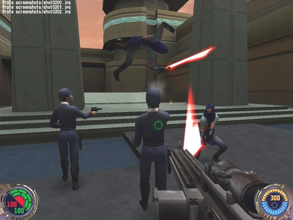 Star Wars: Jedi Knight II - Jedi Outcast (Collector's Edition) (Windows) screenshot: The Bespin Cops try their best, but their puny blasters are no match for the lightsaber-wielding Reborn. Looks like it's up to you, Jedi.