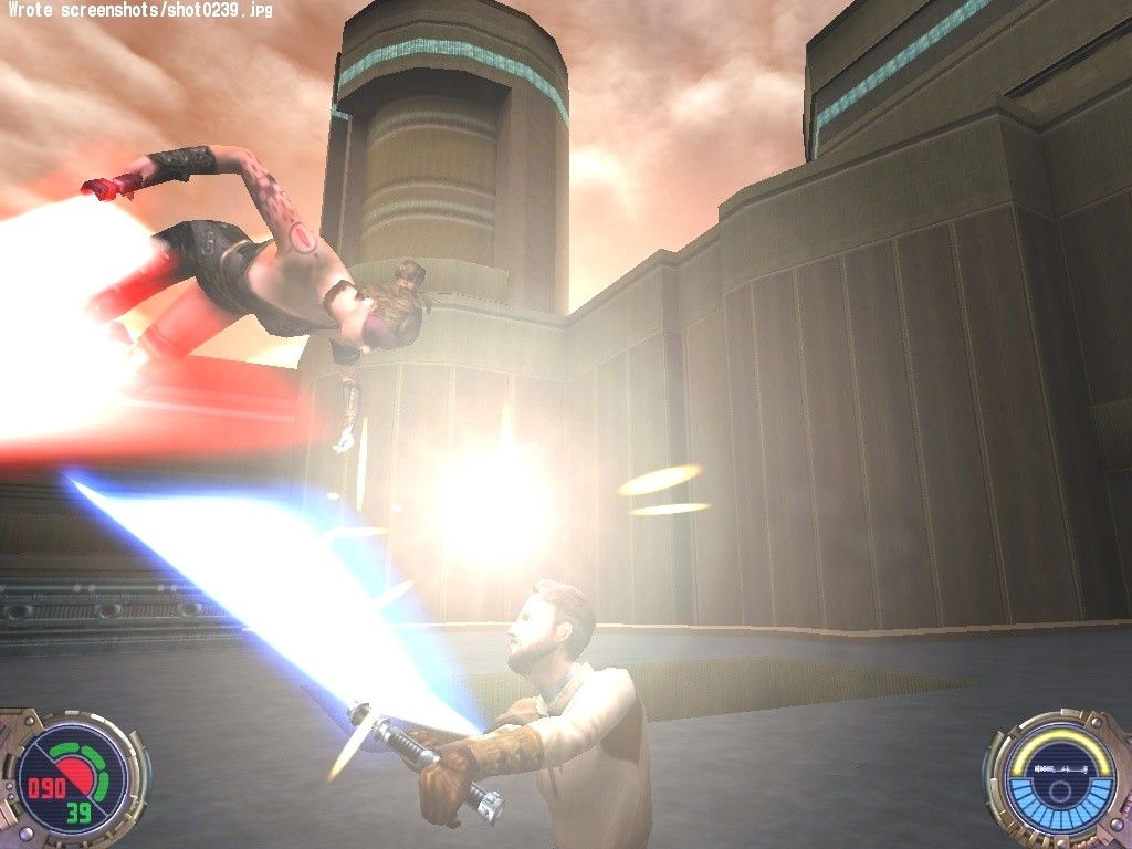 Star Wars: Jedi Knight II - Jedi Outcast (Collector's Edition) (Windows) screenshot: Kyle clashes with Desann's sultry apprentice Tavion. Adventure, excitement, shapely black leather-clad Sith dominatrixes... a Jedi craves not these things