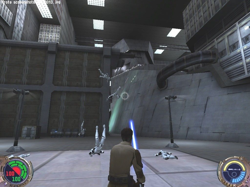 Star Wars: Jedi Knight II - Jedi Outcast (Collector's Edition) (Windows) screenshot: It's raining Stormtroopers! Hallelujah! Kyle has fun with his Force powers in the massive Cairn docking bay, just outside the hull of the Doomgiver