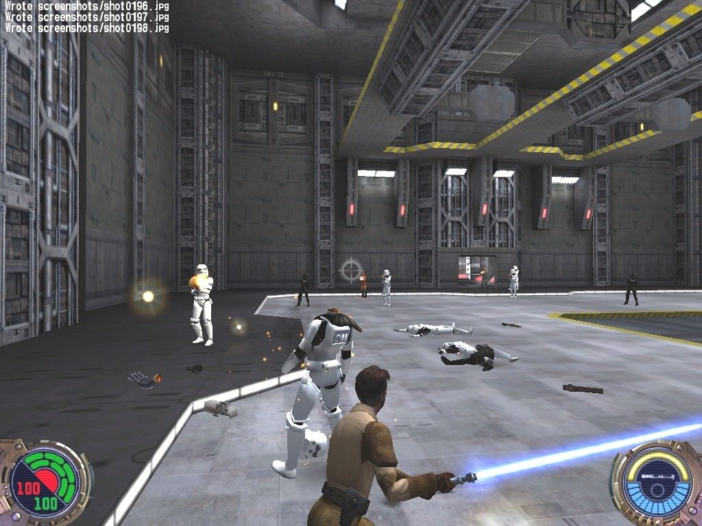 Star Wars: Jedi Knight II - Jedi Outcast (Collector's Edition) (Windows) screenshot: Fun with the dislimberment cheat. Kyle takes a little too much off the top of a Stormtrooper's head