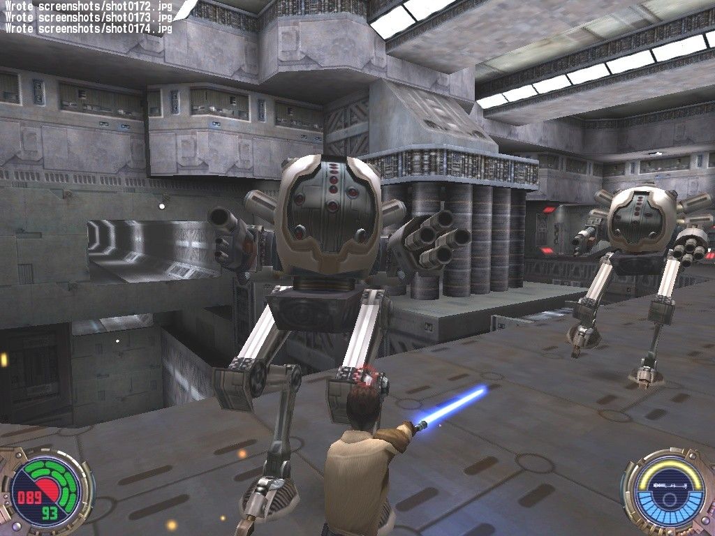 Star Wars: Jedi Knight II - Jedi Outcast (Collector's Edition) (Windows) screenshot: Admiral Fyarr should not be too proud of the technological terrors he's constructed. 12-foot tall killer robots are insignificant next to the power of the Force (although having a good EMP gun wouldn't hurt either)