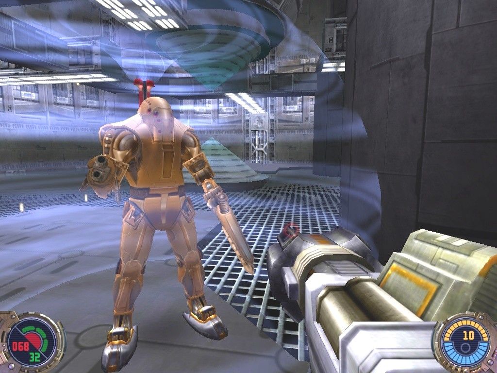 Star Wars: Jedi Knight II - Jedi Outcast (Collector's Edition) (Windows) screenshot: The technology obsessed Admiral Galak Fyarr attacks Kyle in his own personal anti-Jedi powered armor