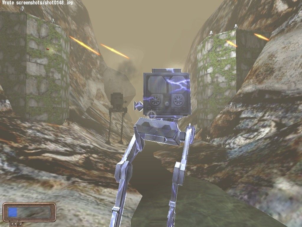 Star Wars: Jedi Knight II - Jedi Outcast (Collector's Edition) (Windows) screenshot: Kyle commandeers an AT-ST and takes it for a little joyride. The Imperial forces aren't so happy about this little case of war machine-jacking