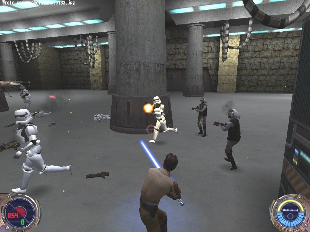 Star Wars: Jedi Knight II - Jedi Outcast (Collector's Edition) (Windows) screenshot: Kyle helps a few Republic soldiers battle Imperial Stormtroopers in the Yavin hanger bay