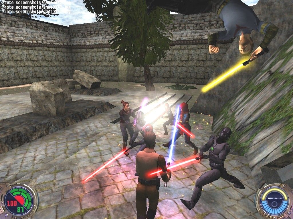 Star Wars: Jedi Knight II - Jedi Outcast (Collector's Edition) (Windows) screenshot: Luke's Jedi Academy padawans and teachers help Kyle battle Desann's Reborn invasion force. The Shadow Troopers might be lightsaber resistant, but the real Jedi have the advantage due to their training and discipline