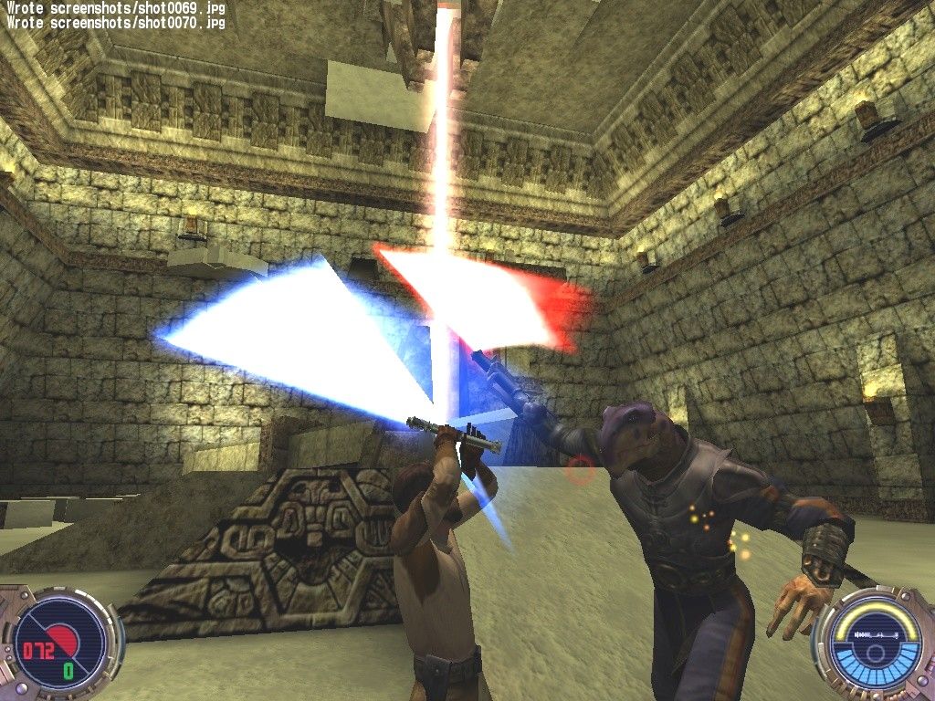 Star Wars: Jedi Knight II - Jedi Outcast (Collector's Edition) (Windows) screenshot: Kyle and Desann, the two Jedi outcasts, settle their differences mano-a-mano deep within the Massassi Temple