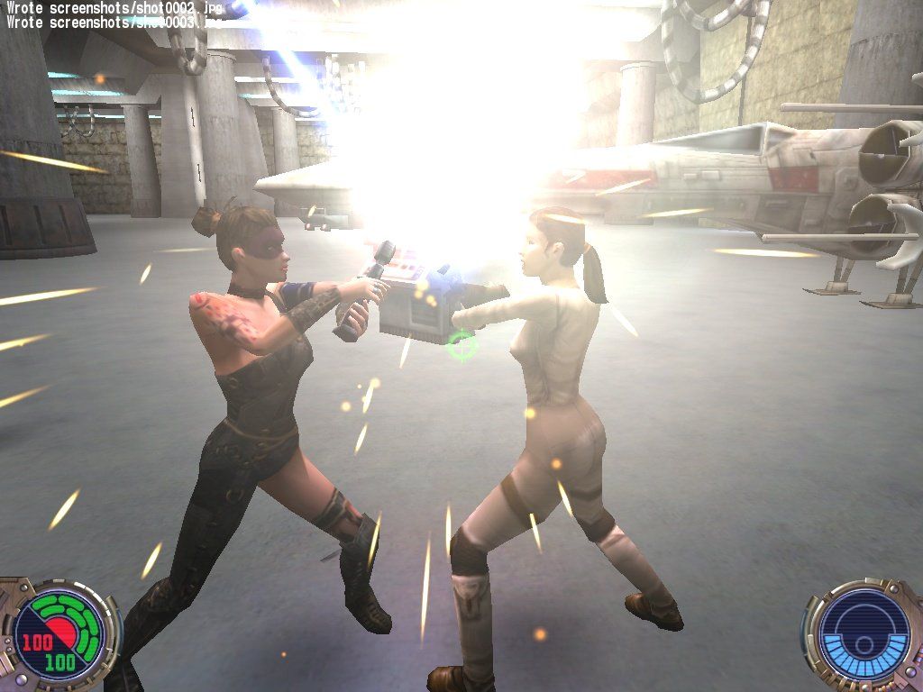 Star Wars: Jedi Knight II - Jedi Outcast (Collector's Edition) (Windows) screenshot: Catfight to the finish! Jedi Jan Ors and Tavion engage in a lightsaber duel to the death