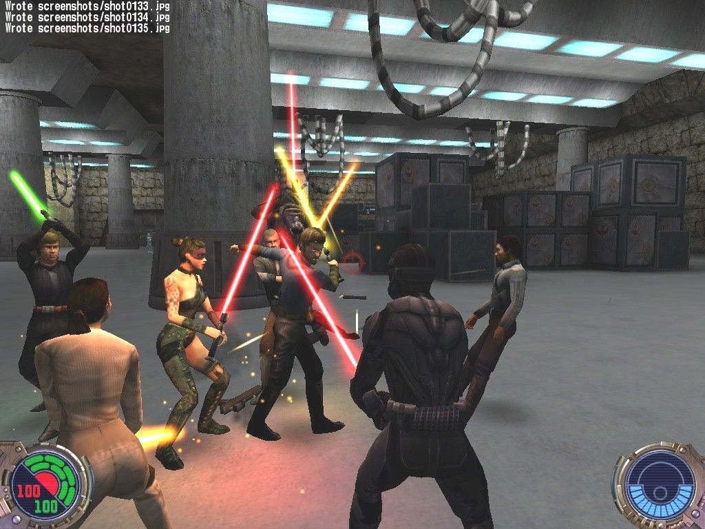 Star Wars: Jedi Knight II - Jedi Outcast (Collector's Edition) (Windows) screenshot: Everybody was lightsaber fightin'. The NPC spawn cheat is a fun way to set up some big Jedi vs. Sith battles