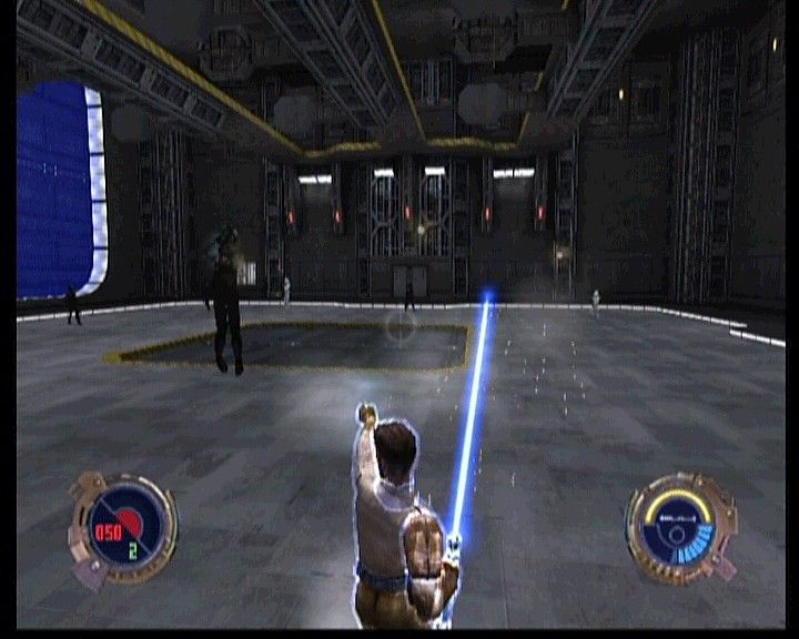 Star Wars: Jedi Knight II - Jedi Outcast (Xbox) screenshot: Meeting a heavy resistance in a Tie Fighter hangar.