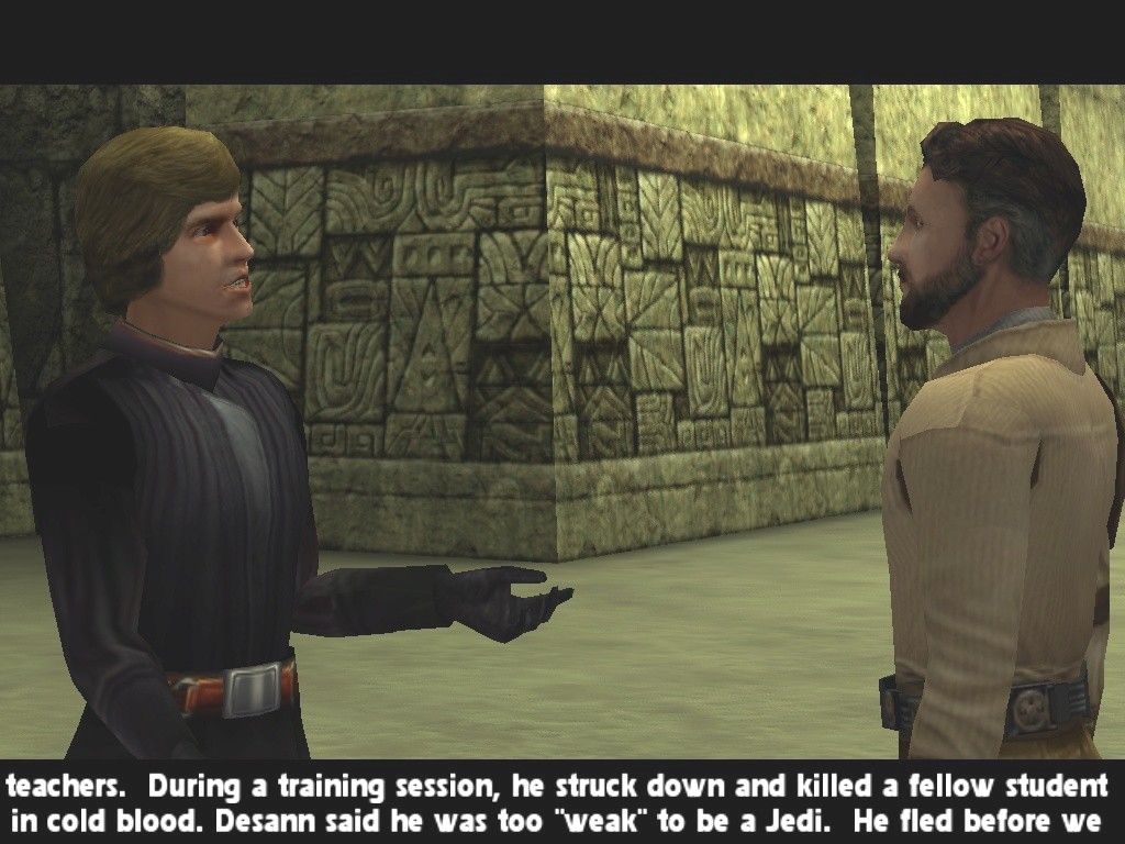 Star Wars: Jedi Knight II - Jedi Outcast (Collector's Edition) (Windows) screenshot: Kyle Katarn chats with Jedi Master Luke Skywalker to learn about Desann and get his lightsaber and Force powers back