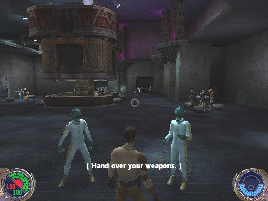 Star Wars: Jedi Knight II - Jedi Outcast (Collector's Edition) (Windows) screenshot: It doesn't take a Force Premonition to know things are about to get ugly in this Nar Shaddaa bar