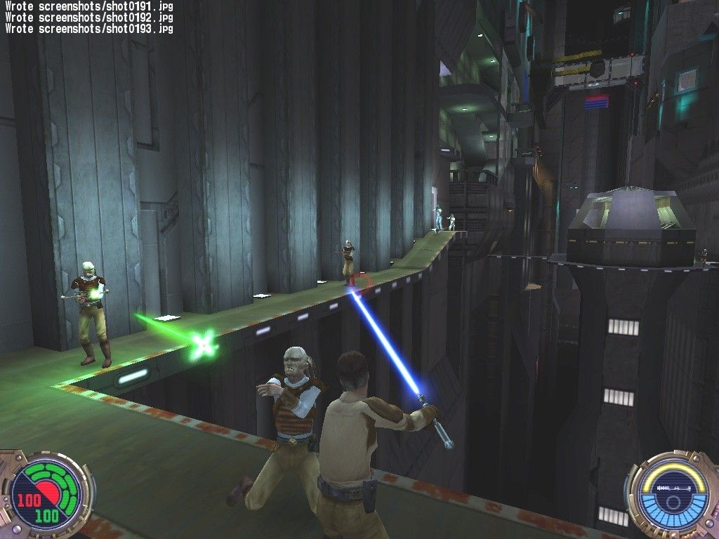 Star Wars: Jedi Knight II - Jedi Outcast (Collector's Edition) (Windows) screenshot: When they built Nar Shaddaa, they apparently hired the lowest bidder as architect. Without guardrails, one small step is all that seperates you from a thousand foot drop which even a Jedi can't survive