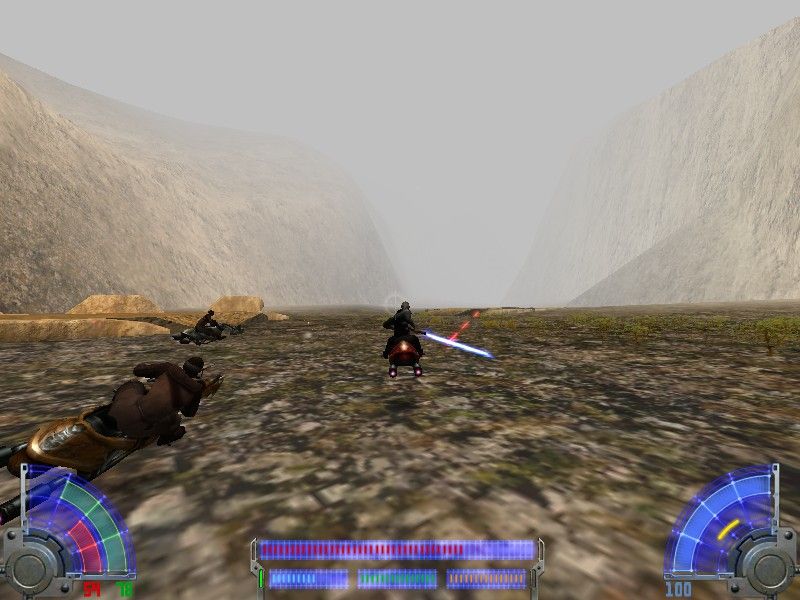 Star Wars: Jedi Knight - Jedi Academy (Windows) screenshot: Keep your arms and legs and lightsabers inside the speeder bike at all times....