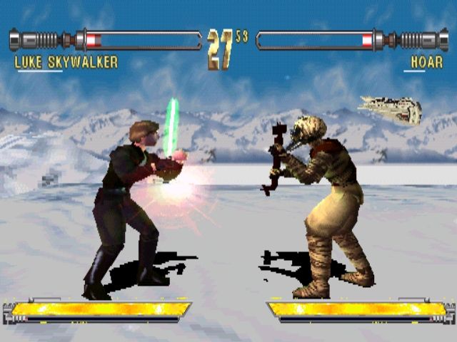 Star Wars: Masters of Teräs Käsi (PlayStation) screenshot: I thought I left you in the desert! Luke faces a Tusken Raider in the middle of the Battle of Hoth.