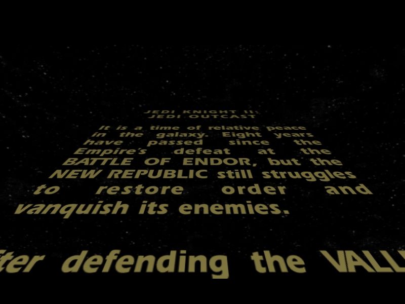 Star Wars: Jedi Knight II - Jedi Outcast (Windows) screenshot: It wouldn't be Star Wars without a scrolling opening exposition