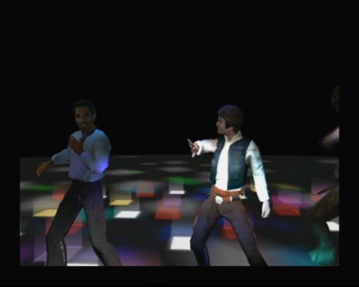 Star Wars: Rogue Squadron III - Rebel Strike (GameCube) screenshot: Opening cinematic shows all the main characters on the dancefloor, including Darth Vader