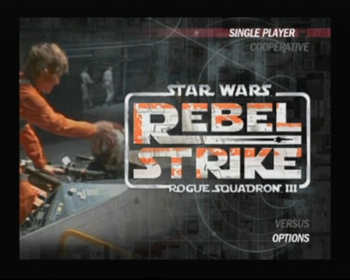 Star Wars: Rogue Squadron III - Rebel Strike (GameCube) screenshot: Title and menu screen (background is animated)