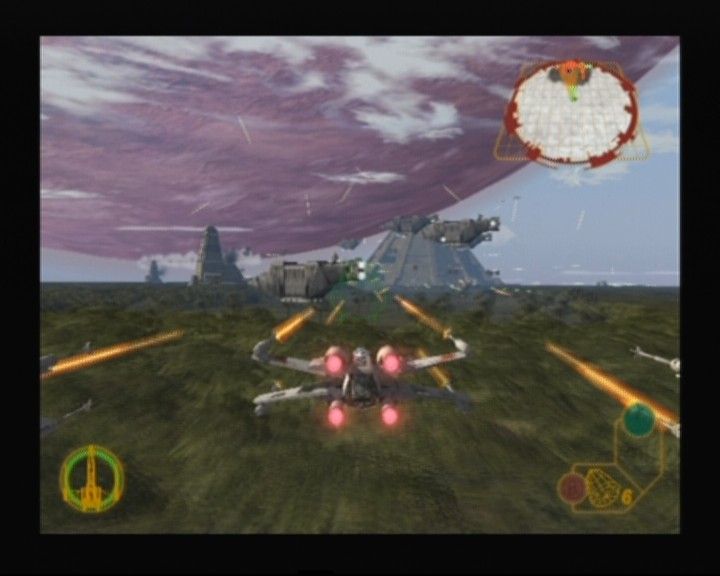 Star Wars: Rogue Squadron III - Rebel Strike (GameCube) screenshot: Entering the point of conflict with your two fellow pilots (you can issue orders to your team members, though)