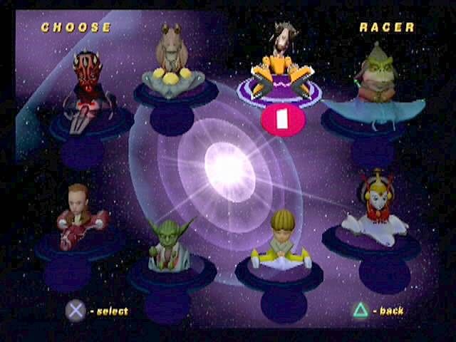 Star Wars: Super Bombad Racing (PlayStation 2) screenshot: Eight of the galaxy's most dreaded....kart racers...await your choosing on the character selection screen.