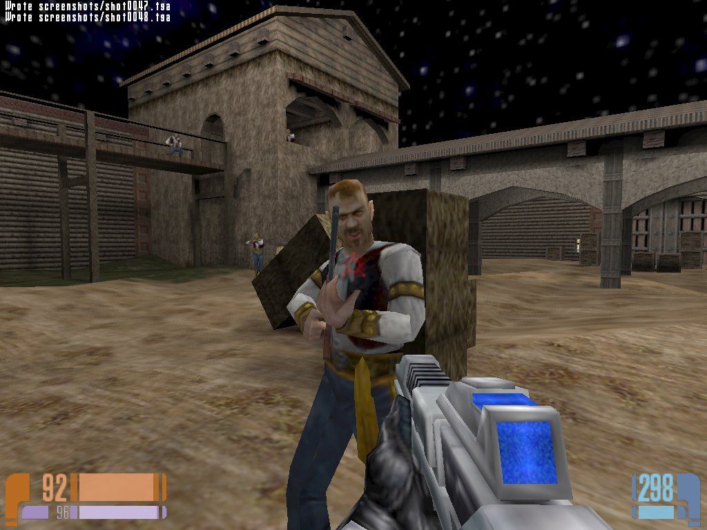 Star Trek: Voyager - Elite Force (Collector's Edition) (Windows) screenshot: In between away missions you'll be given a chance to test out your weapons on the holodeck against various fantasy foes, like these cowboys out on a redneck rampage