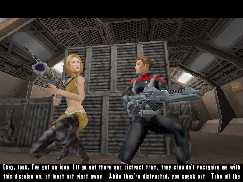 Star Trek: Voyager - Elite Force (Collector's Edition) (Windows) screenshot: Nice outfit, Munro. Alexandria disguises herself as a Scavenger in order to rescue Telsia