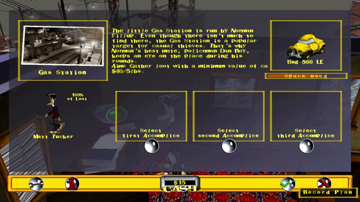 The Sting! (Windows) screenshot: Organize a break-in by choosing the site, get-away vehicle, accomplices and tools