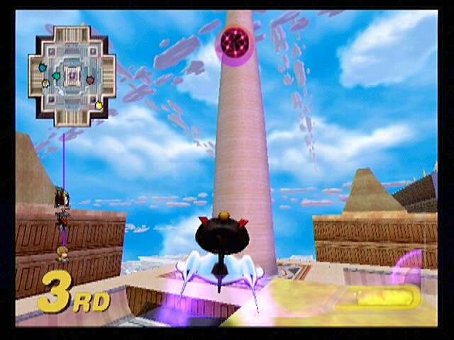 Star Wars: Super Bombad Racing (PlayStation 2) screenshot: The White Tower. Amidala and pals race below the crowded Coruscant skyways.