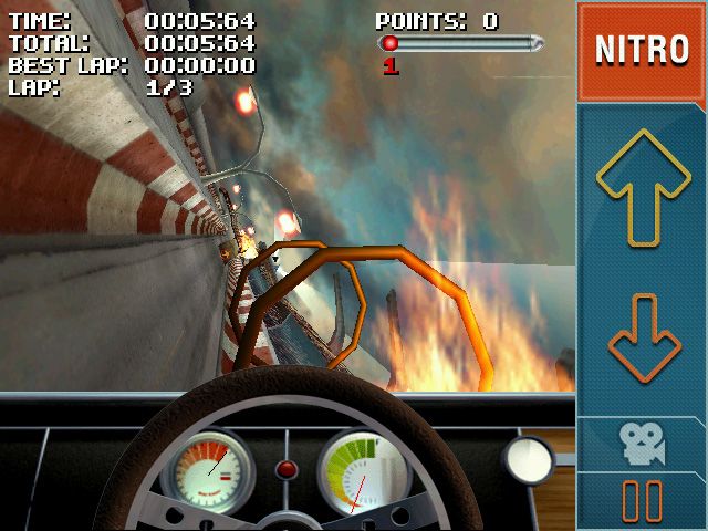 Stuntcar Extreme Advanced (Windows Mobile) screenshot: Interior view when falling of a stunt ramp on Ring of Fire track