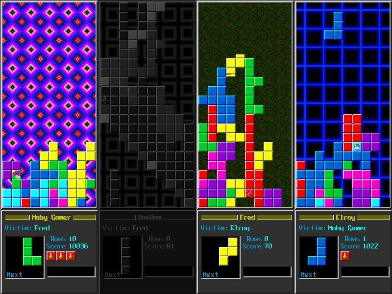 Varmint's Eittris (DOS) screenshot: The computer opponent Bam Bam has expired. They were the target of the human player's special blocks, now they are no more the human player targets Fred.