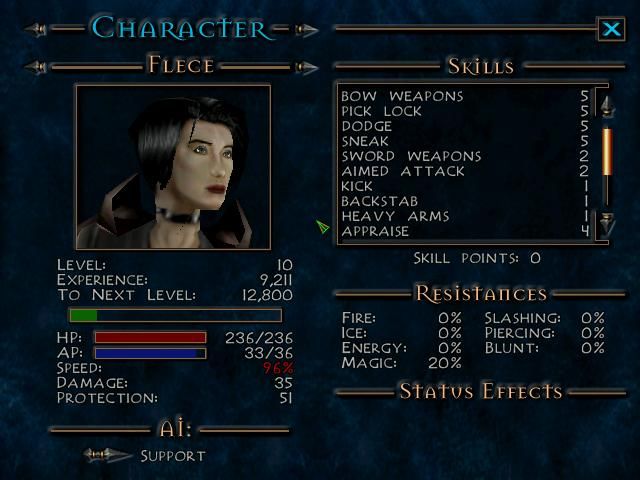 Summoner (Windows) screenshot: Character stats screen