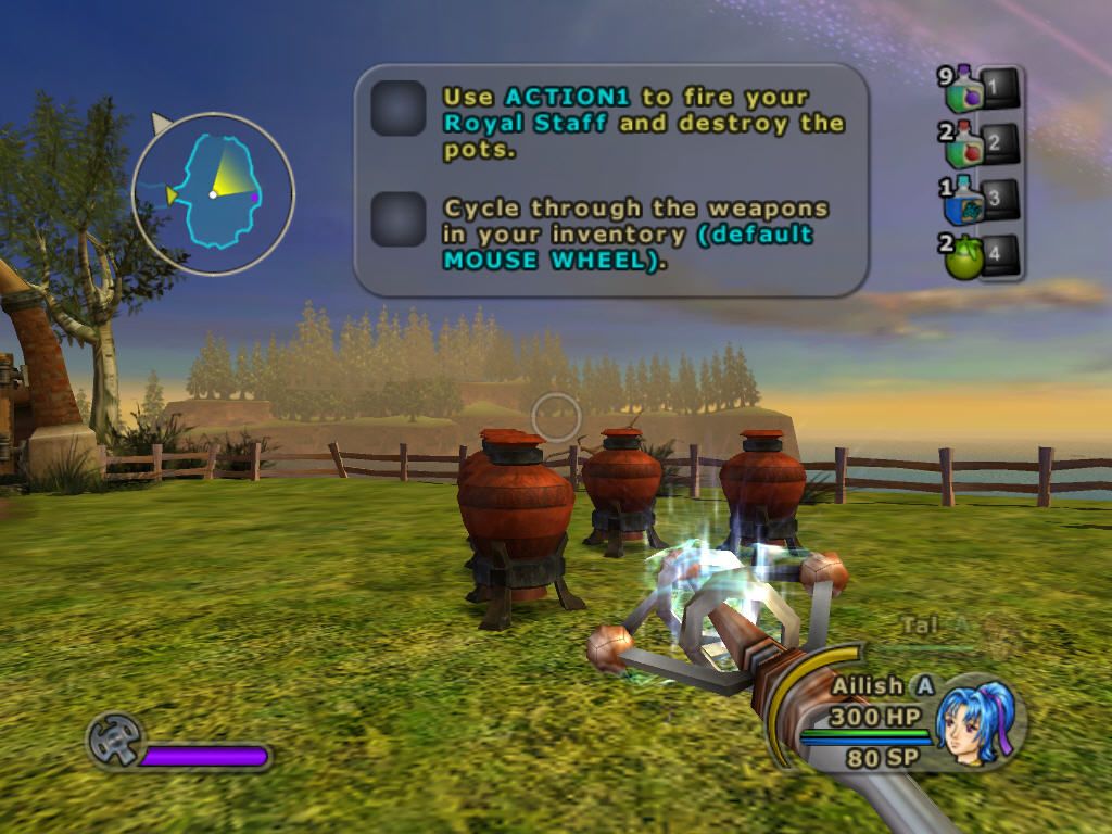Sudeki (Windows) screenshot: Ailish the mage fights in 1st-person mode.