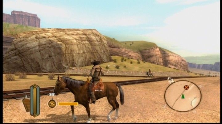 Gun (Xbox 360) screenshot: Aiming from a horse does not require you to turn the horse, you can even shoot to the opposite from where your horse is running.