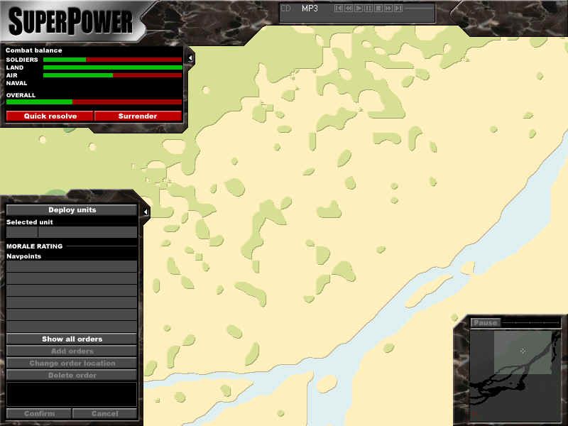 SuperPower (Windows) screenshot: The battlefield screen appears when you attack, to help you coordinate troop movement.